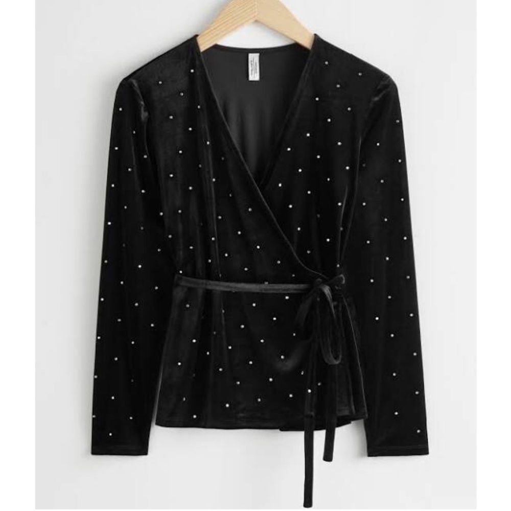 &other stories Rhinestone Velvet Wrap blouse Black